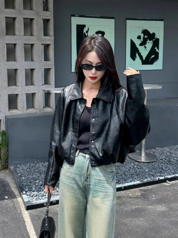 复古港风蝙蝠袖皮衣外套女2025春秋新款时髦炸街短款pu皮洋气夹克|undefined