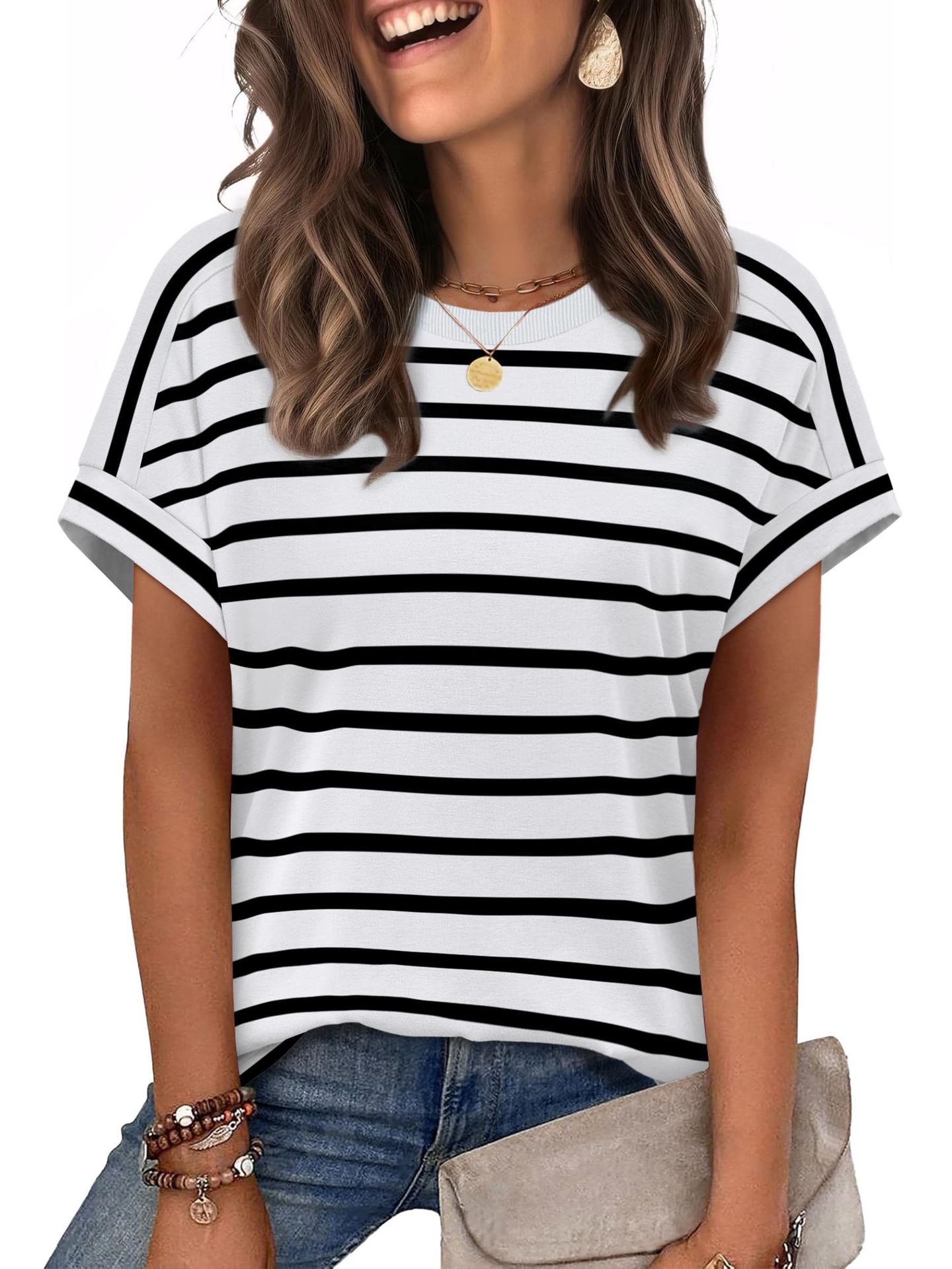 Summer New Women's Round Neck Casual Striped T-Shirt Short Sleeve Top American Style_ecoleips.com