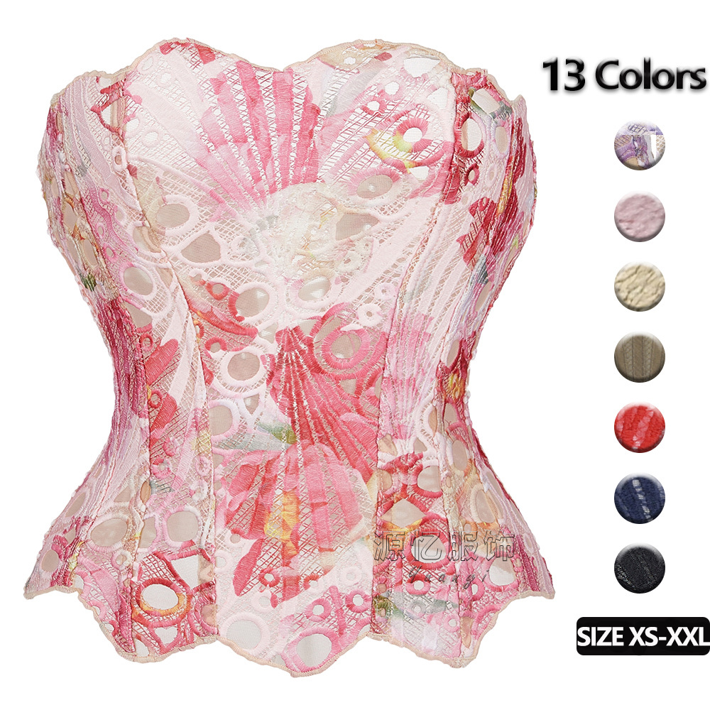 欧美宫廷束身衣不规则蕾丝双层贴合骨衣 ins印花塑身衣速卖通爆款