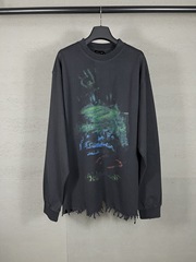 B家巴黎高版本25SS新款前后面模糊图案洗水磨烂破坏做旧长袖T男女
