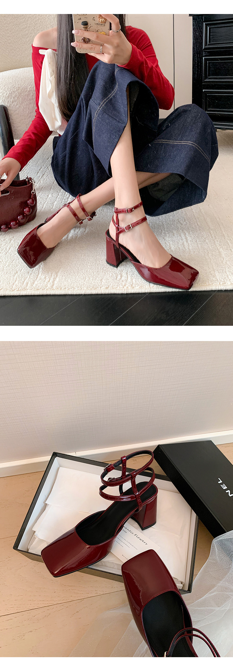 Giày sandal cao gót nữ mũi vuông bít mũi quai ngang gót thô da thật — Màu đen chi tiết 10