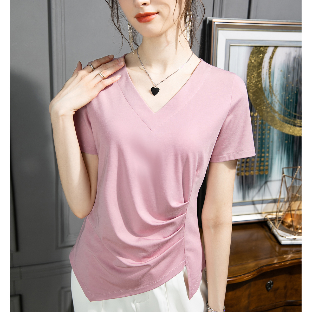 Camiseta de manga corta ropa de mujer 2025 nueva ropa de mujer con aberturas irregulares, top fino y elegante, camiseta de algodón, cabello de una pieza