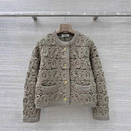 深圳南油新款减龄少女气质时尚甜美金扣镂空花朵钩花针织开衫外套