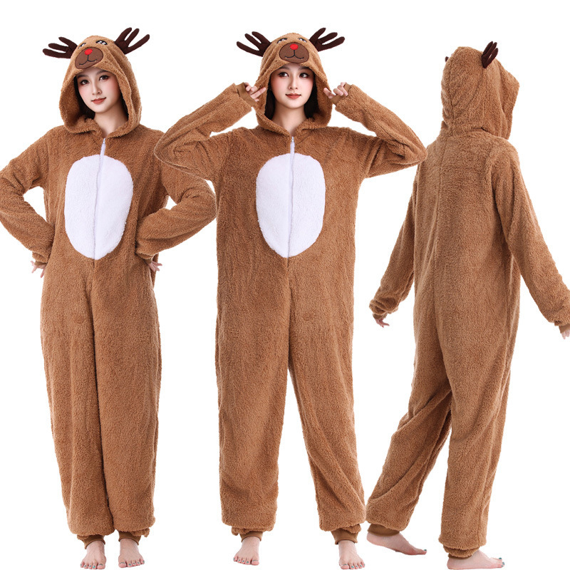 Christmas Elk Reindeer Adult Men and Women Cos Animal jumpsuit Coral Fleece Elk Stage Performance Costume