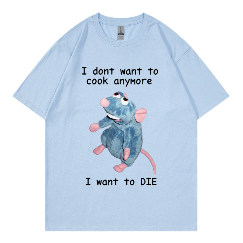 T-shirt en pur coton marque de mode sport nouveaux hommes ample col rond imprimé souris je ne veux pas cuisiner à nouveau T-shirt_voghion.com
