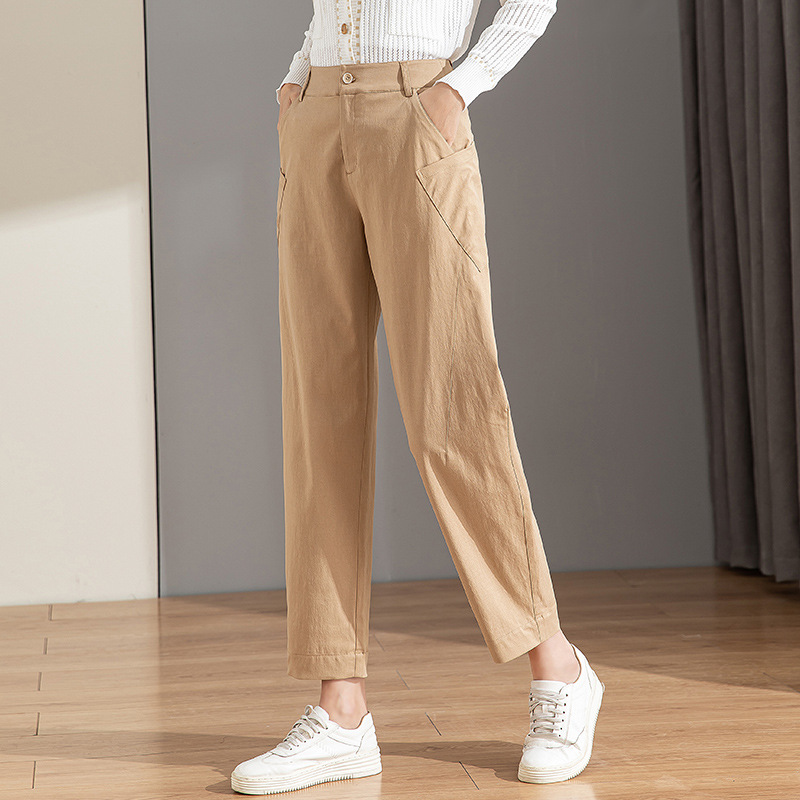 Quần chuối nữ ống rộng dáng thon gọn, cạp cao, chất cotton giặt thường, phong cách cổ điển — Màu Kaki