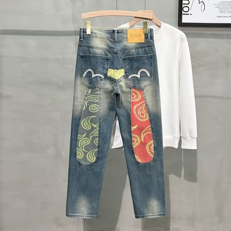 Internet Celebrity Cross-border Jeans Stitching Cashew Flower Nostalgic Big M Straight Casual Qiao Not Qiao Men's and Women's Pants