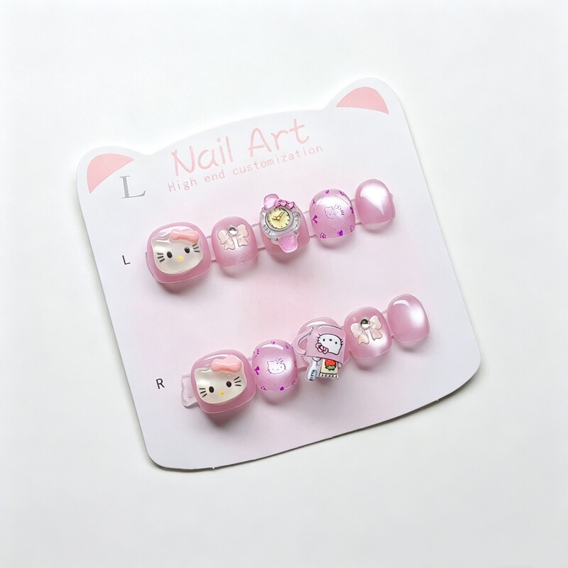 Pink Hello Kitty Rotating Nail Stickers for Children, Handmade Wearable Nails, Cute Girly Decorative Nail Pieces