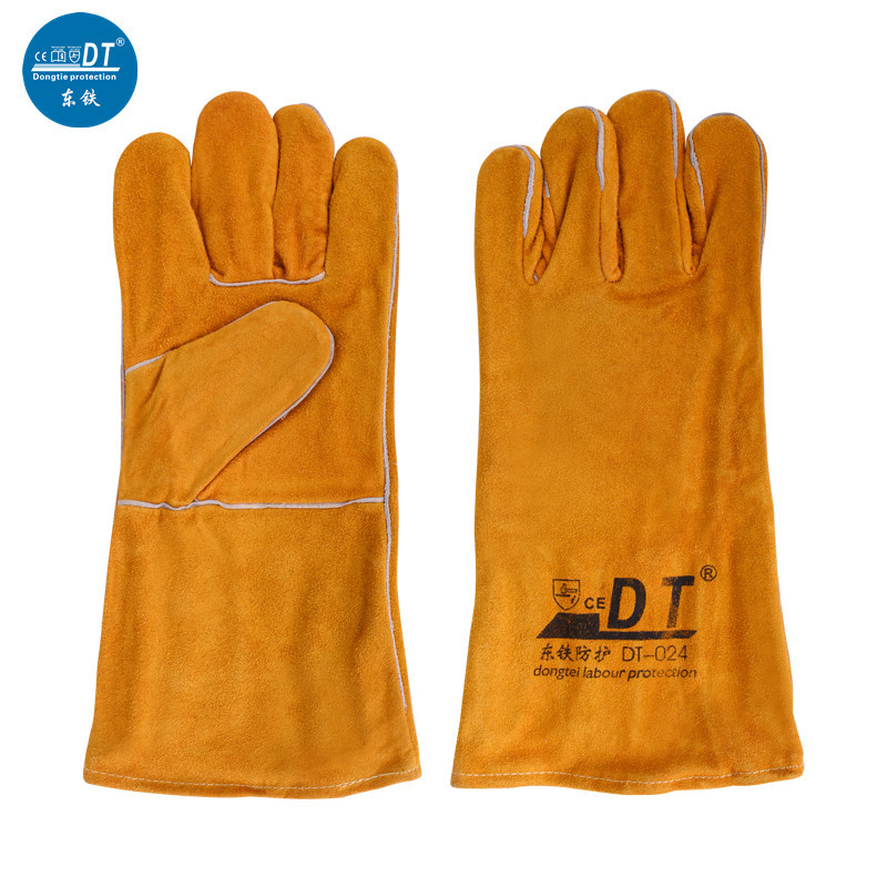 东铁金黄色B级牛皮35cm双层容内衬耐磨耐高温焊工手套