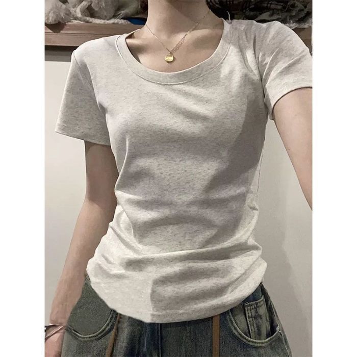 韓国風シックなスリムで甘くてスパイシーな無地Tシャツ半袖ラウンドネックスリムフィットカジュアルインナーウェアインストップスAmazon|undefined