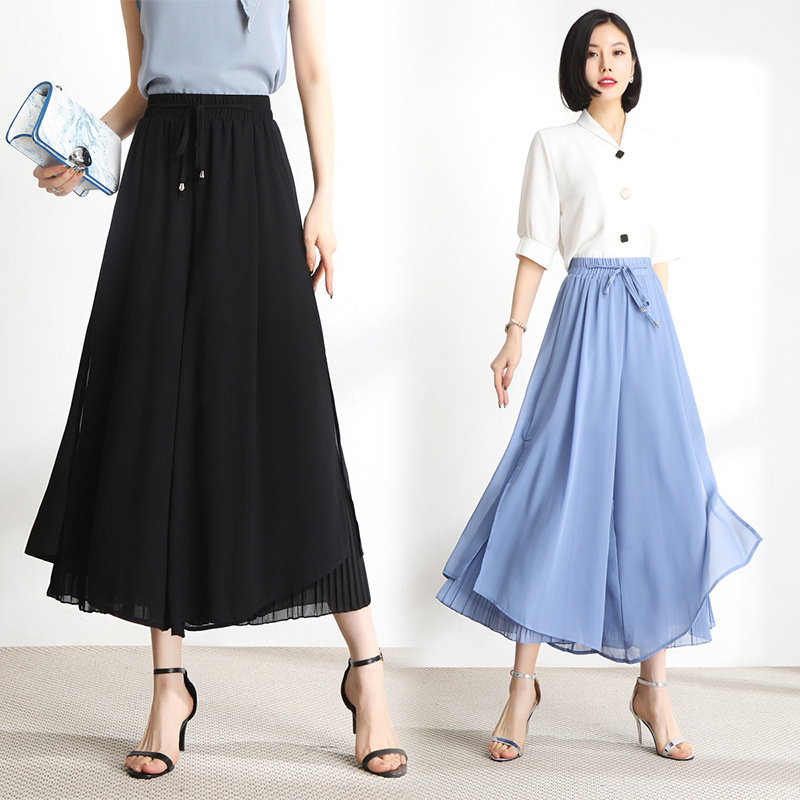 2026 New Chiffon Wide-Leg Pants for Women, High-Waisted, Drapey, Summer Cropped Thin Flowing Skirt Pants, One-Piece Wholesale