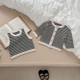 Ins Spring & Fall Korean Style Baby Knitted Pullover Stripesd Vest for Men and Women, Fashionable and Versatile Stripesd Cardigan Jacket