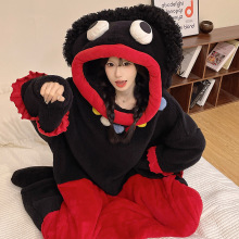 法兰绒睡衣秋冬季新款卡通连帽加绒女可外穿趣味搞怪连体家居服套