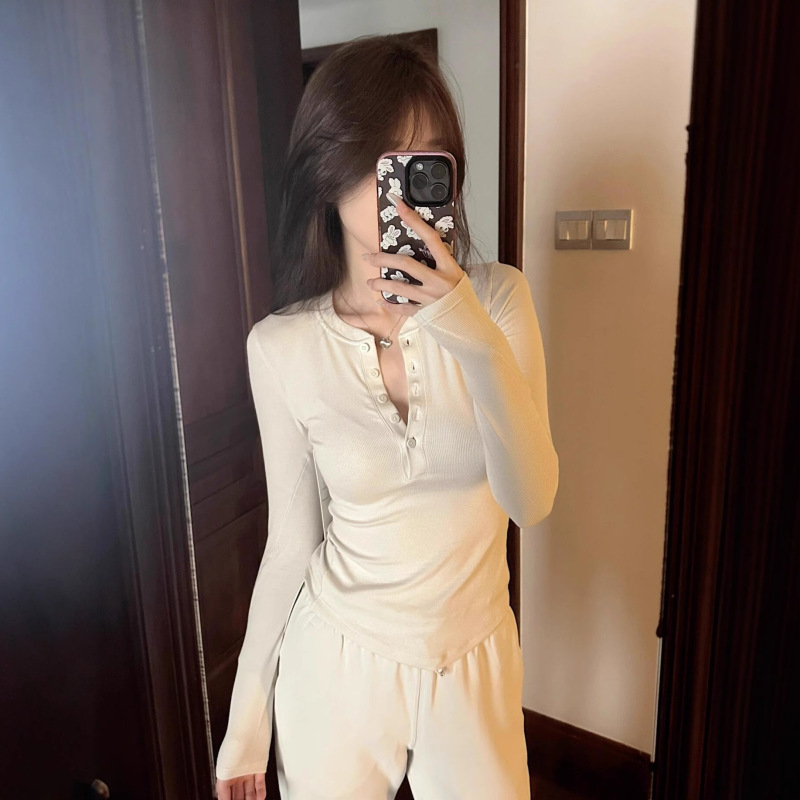 Lulufend Henry Collar Yoga T-Shirt Women's Elastic Slim Bottoming Shirt Running Fitness Long-Sleeved Sports Knitwear