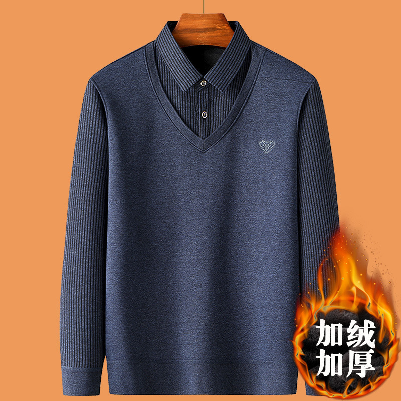 Middle-aged winter fleece-lined thickened sweater men's fake two-piece warm knit middle-aged men's dad base shirt