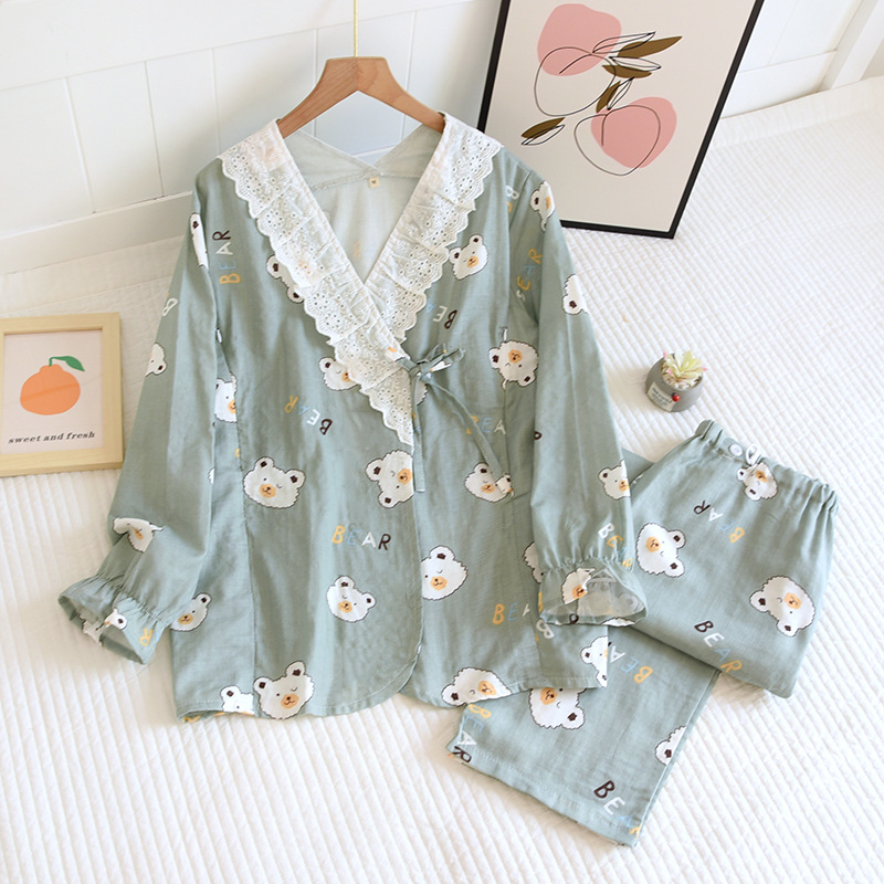 ZFQグリーンアルファベット小熊-ガーゼファスナー月子服