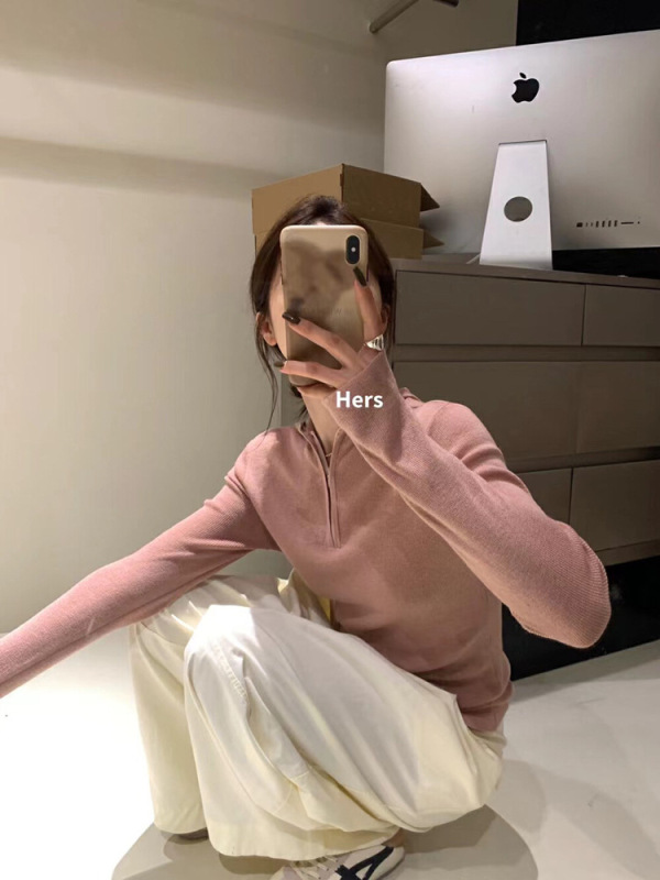 韩系温柔半拉链连帽针织衫女秋冬内搭慵懒修身打底毛衣设计感上衣|undefined