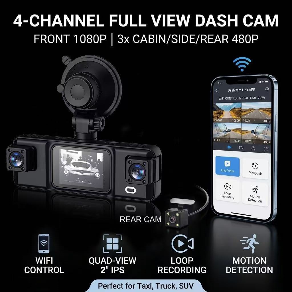 New cross-border dashcam with HD 1080 four-camera recording, WiFi mobile phone connectivity, reversing image, night vision, and four lenses