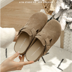 半拖鞋博肯鞋女平底內增高真皮鞋2023年春新款舒適軟底復古大頭鞋