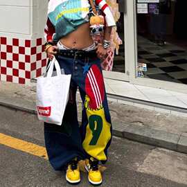 yk美式复古街头嘻哈重磅设计感贴布印花牛仔裤女潮流宽松阔腿裤