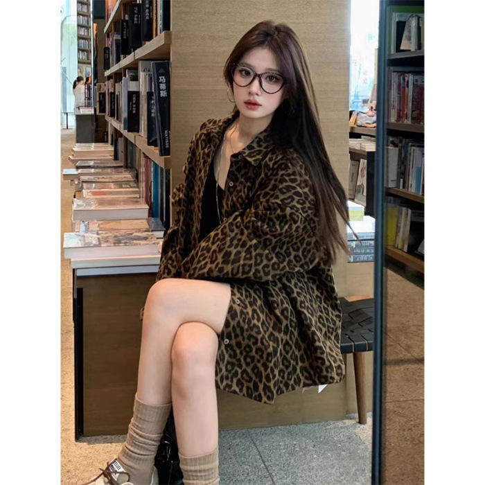 豹纹长袖衬衫外套秋装女款2025年新款中长款宽松美式复古外搭上衣|undefined