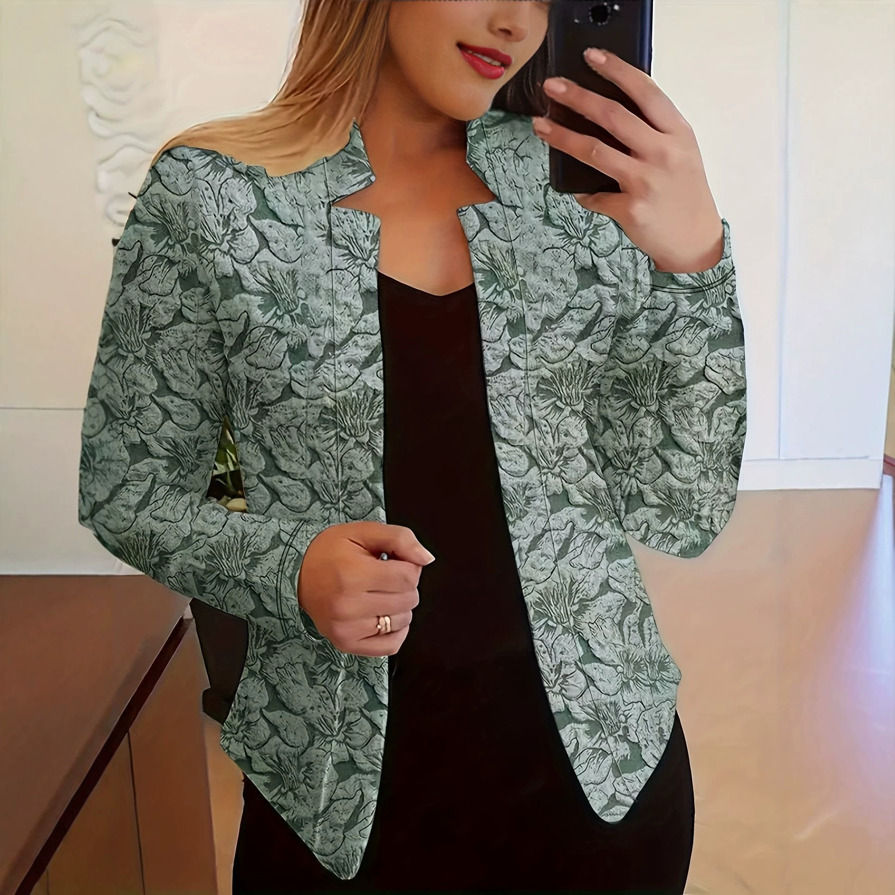 Retro Print Blazer for Women Casual Long Sleeved Open Front Office And Workplace Suitable Blazer_ecoleips.com