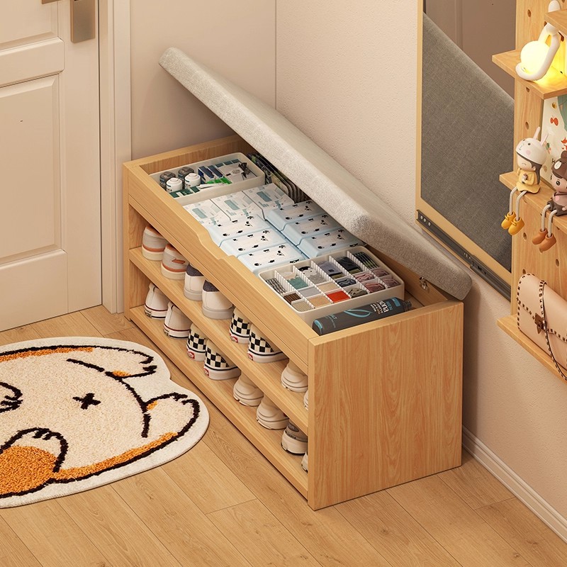 Taburete de cambio de zapatos en la puerta del hogar, gabinete de zapatos de asiento y almacenamiento muy estrecho, porta de zapatos simple, taburete de entrada