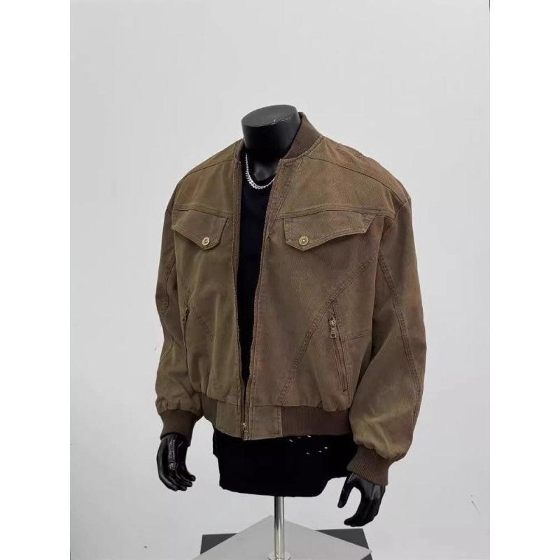 Cleanfit brown oversized short work jacket for men, spring/autumn trendy American-style Harrington jacket