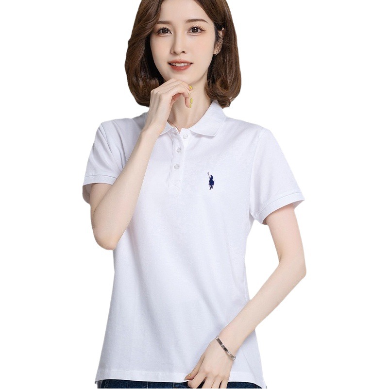 Pure Cotton Polo Shirt for Women, Short-Sleeved T-Shirt, Loose Fit, Embroidered Collar, Work Uniform, Cultural Shirt, Pony