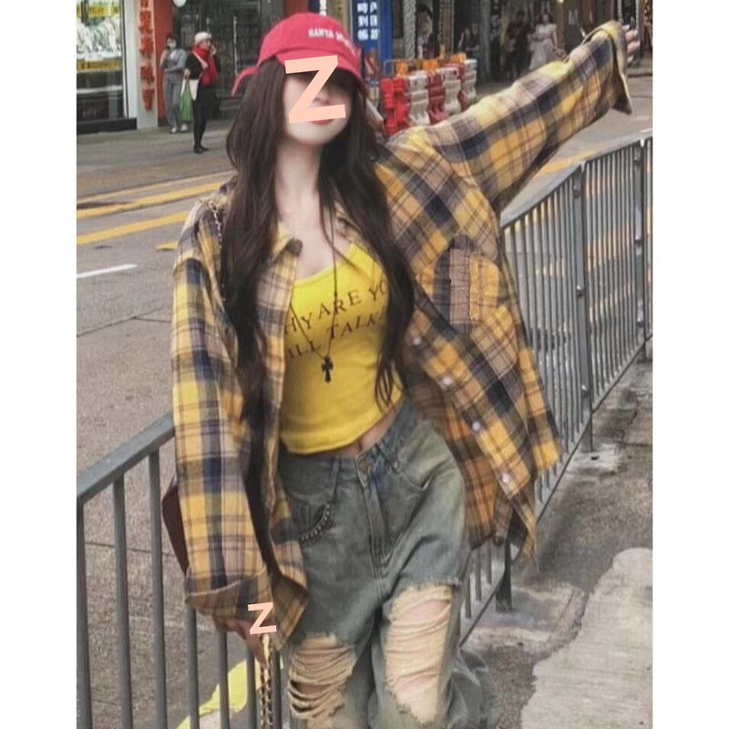 森系橘色格纹衬衫女叠穿年轻ins宽松遮肉显瘦长袖衬衣外搭开衫潮|undefined