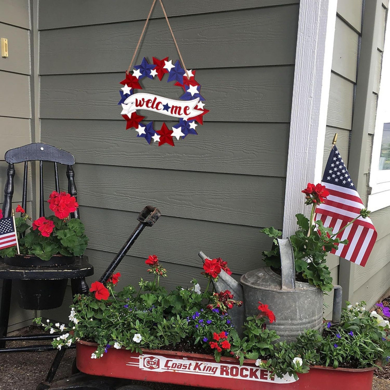 Cross-Border Patriotic Door Sign Front Door Hook Wooden Independence Day Decoration Vintage Red White and Blue American Flag Welcome Wooden Cross-Border Patriotic Door Sign Front Door Hook Wooden Independence Day Decoration Vintage Red White and Blue American Flag Welcome Wooden