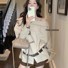 THE LIMON柠檬绿茶2025秋季小众穿搭白色设计感衬衫衬衣露肩上衣