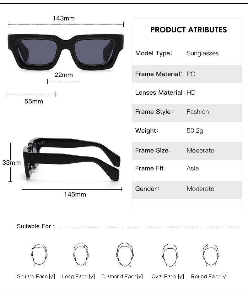 65g Weight Full Frame Glasses Structure Sunglasses Classification PC, UV400 Protection Lens Material Square Glasses Style Outdoor Occasion Solid Color Pattern Unisex Gender Fashion Style Grey, Black Color Fashion Solid Color PC UV400 Protection Square Full Frame Women's Sunglasses 2