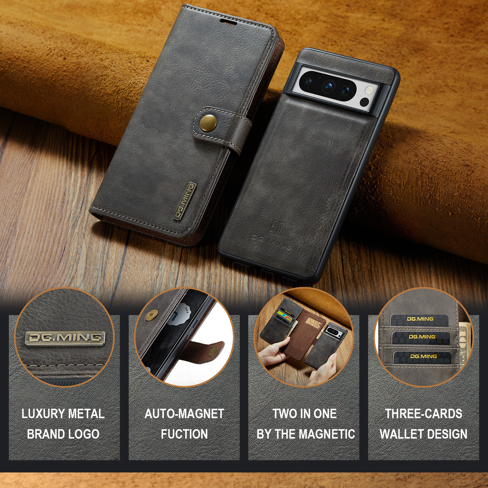 Gilt für Google Pixel 8 Pro Zwei-in-Eins-Hülle aus geteiltem Leder Pixel 8 magnetische Telefonhülle Brieftaschen-Schutzhülle_voghion.com