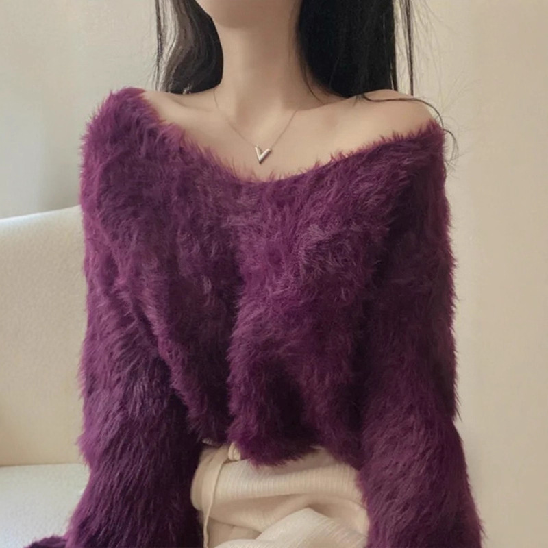 慵懒仿水貂毛V领毛衣女秋冬2026新款宽松显瘦高级感毛绒针织上衣