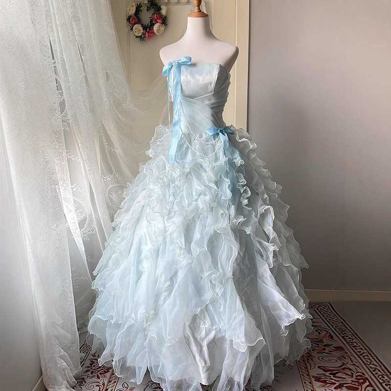 Blue Dress Coming-Of-Age Ceremony Female High School Student Host Art Exam Fugitive Princess Birthday Party Sweet Tutu Skirt