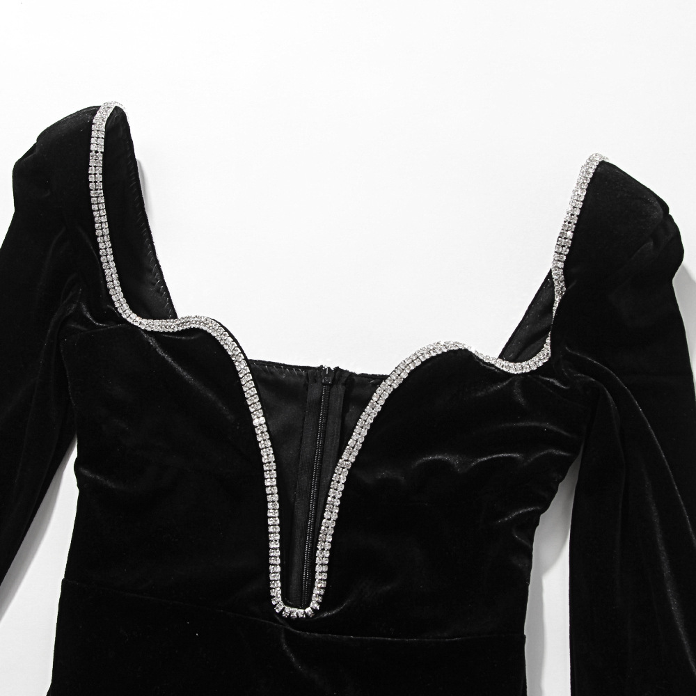 Rhinestones Long-Sleeved High-Waisted Deep V Velvet Dress NSLBK108298