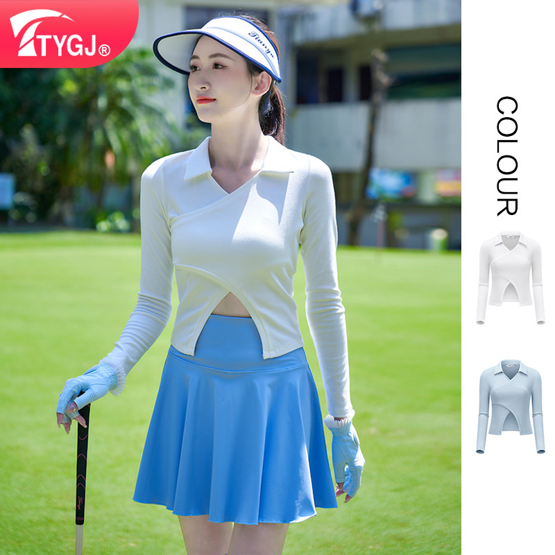 Cross-Border Supply of Korean Style Golf Women's V Neck Fashionable Slimming Look T-Shirts for Women with Exposed Waist and Long Sleeves