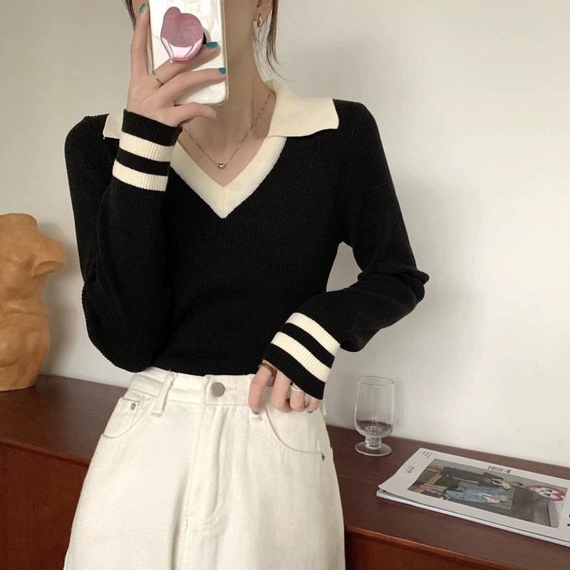 Демисезонный брендовый вязаный облегающий свитер, Slim fit, воротник поло