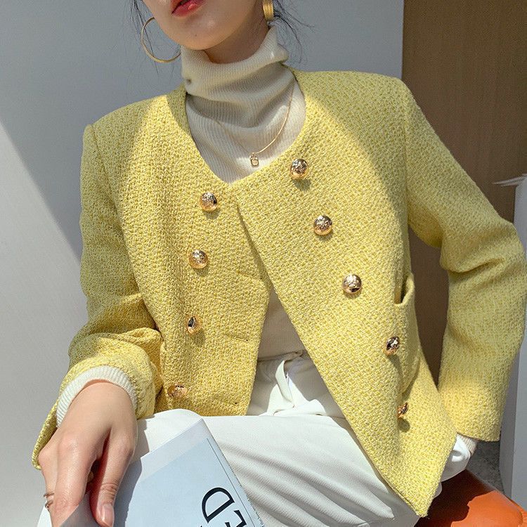 Yellow Tweed Jacket Korean Autumn and Winter New Style Elegant Socialite High-End Tweed Blazer Women's Short Coat
