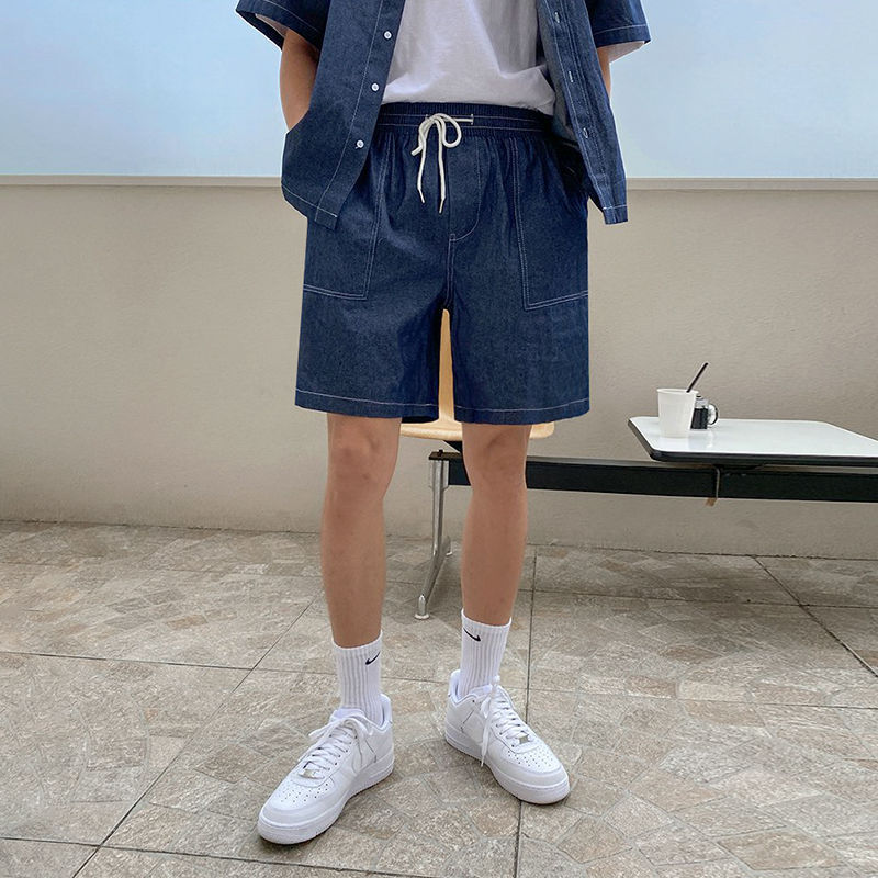 MYQ Tooling Short-sleeved Denim Shirt Jacket Men's Summer Korean-style Loose Retro Tooling Denim Shorts Set