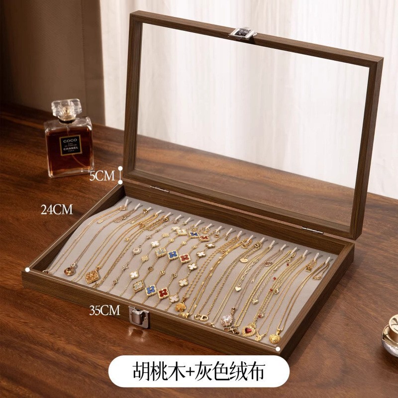 Walnut Wood Necklace and Bracelet Storage Box, Anti-Oxidation, Large Capacity, Dust-Proof, with Lid, Hairpin Storage, Display and Collection