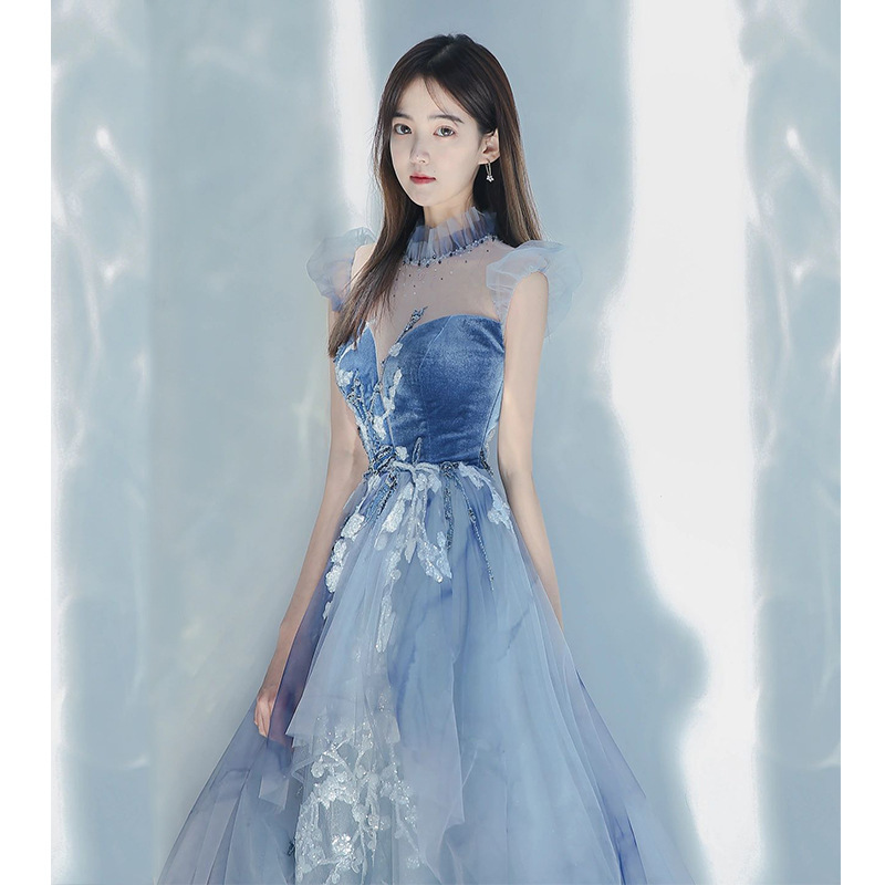 Vestido Azul 2025, Nuevo Estilo de Otoño, Manga con Volantes, Vestido Largo de Fiesta para Eventos Sociales, Ceremonia de Mayoría de Edad, Examen de Arte, Banquete, Vestido de Noche