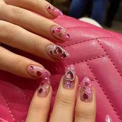 Pink gradient wearing nail art with heart gem, glitter, luxury silver sparkling nail stickers, wholesale