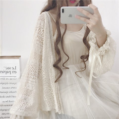 2024夏服女装韓国版かわいい少女レースゆるいランタンスリーブ長袖ミディアムロング日焼け止めカーディガンコート