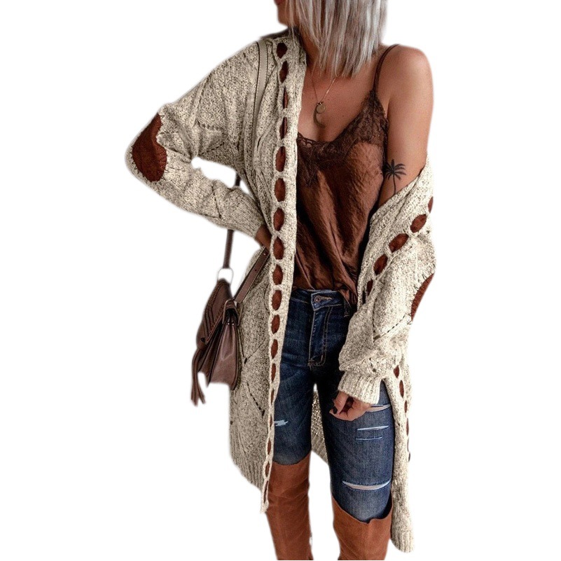 2023 transfronteriza Amazon Otoño e Invierno terciopelo cuero costura abrigo color coincidencia de punto largo con capucha suéter cardigan abrigo para las mujeres