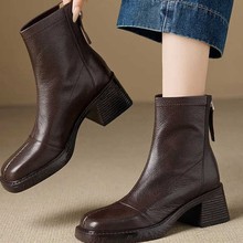 羊皮版~方头短靴女秋冬后拉链单靴加绒马粗跟高跟鞋瘦瘦靴丁靴女
