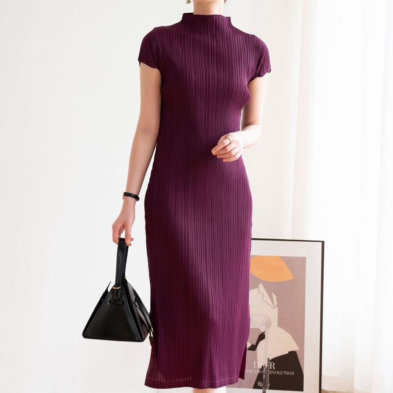 Counter Quality 2025 Summer Miyake Pleated High-end Fashion Slimming Half-high Collar Side Split Chinese Cheongsam dress Counter Quality 2025 Summer Miyake Pleated High-end Fashion Slimming Half-high Collar Side Split Chinese Cheongsam dress