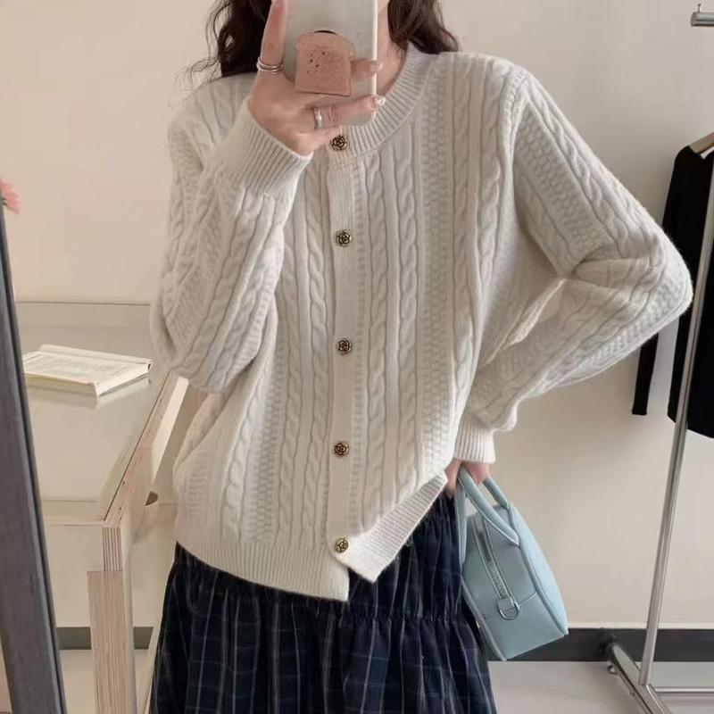 韩系复古麻花软糯毛衣外套女秋冬新款圆领宽松慵懒风显瘦针织开衫|undefined