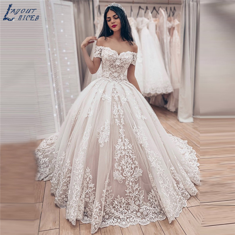 Foreign Trade Amazon Princess Ball Gown Wedding Dress 2026 New Style Sexy Off-Shoulder Lace Appliqué Wedding Dress
